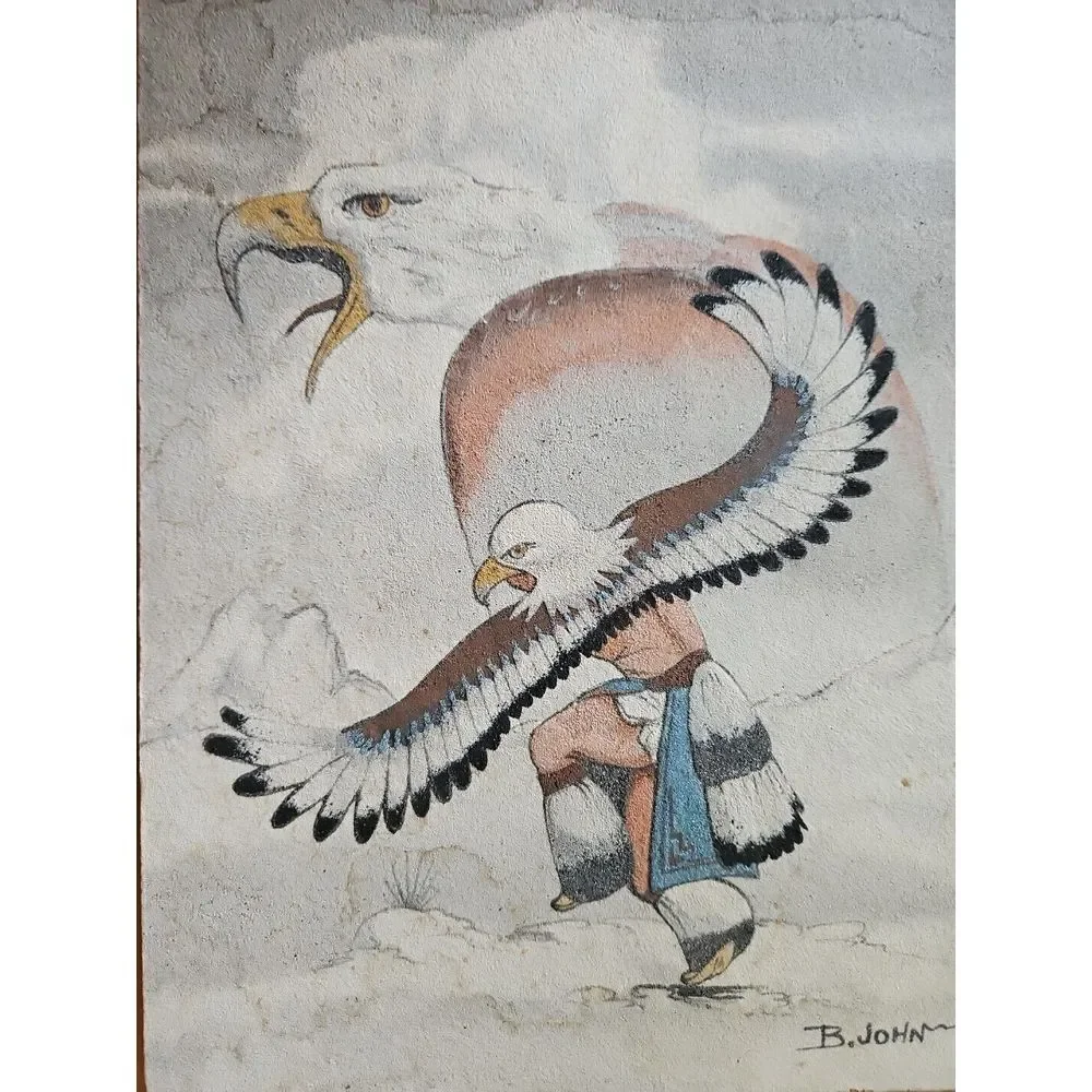 Native American Sand Painting EAGLE‎ DANCER Signed B. John OUTSIDER ART 14X11 - Picture 2 of 11